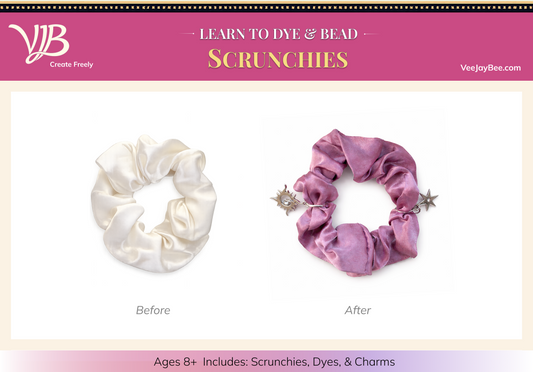 VJB scrunchie kit with white and purple scrunchies on a pink and beige background.